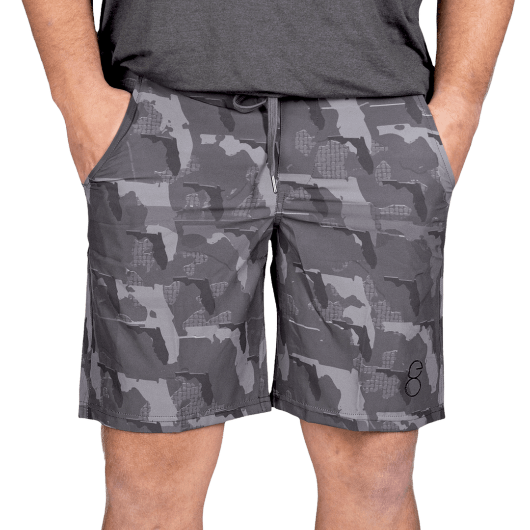 Florida State Camo Everyday Shorts featuring a one-of-a-kind camo pattern made from the outline of Florida  Designed for versatility, these lightweight men's shorts are perfect for running, swimming, workouts, and everyday wear. A must-have for Florida hunters and outdoor enthusiasts who want to rep their state with pride.