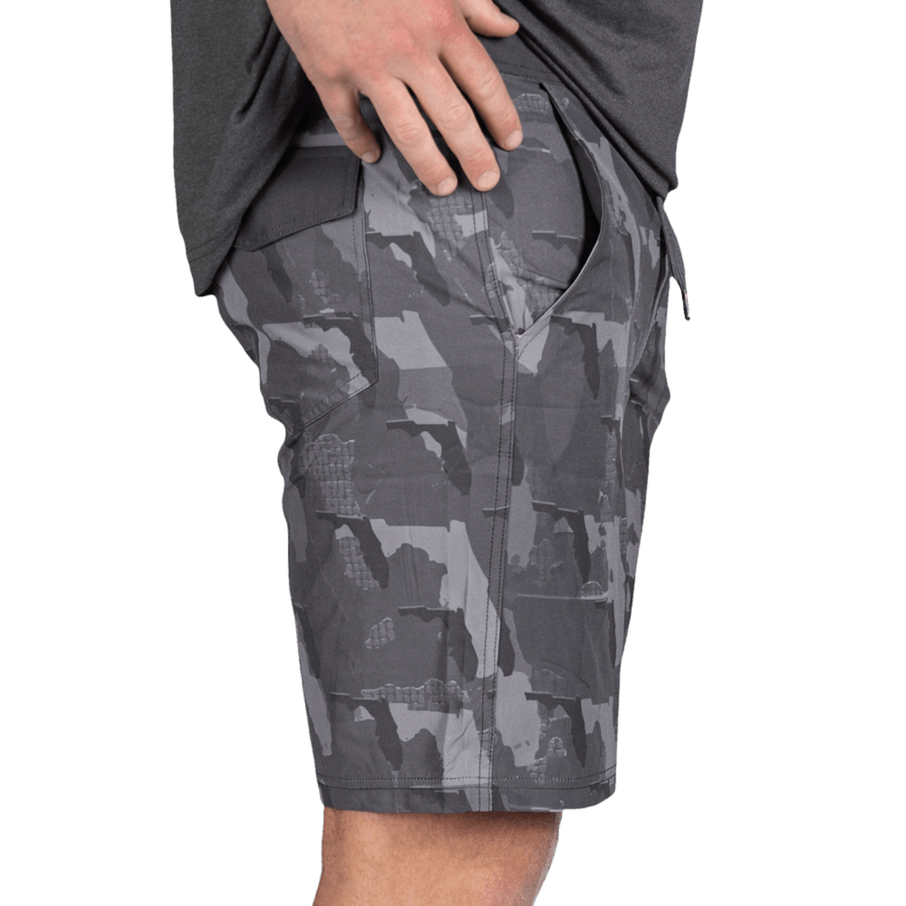 Florida State Camo Everyday Shorts featuring a one-of-a-kind camo pattern made from the outline of Florida  Designed for versatility, these lightweight men's shorts are perfect for running, swimming, workouts, and everyday wear. A must-have for Florida hunters and outdoor enthusiasts who want to rep their state with pride.