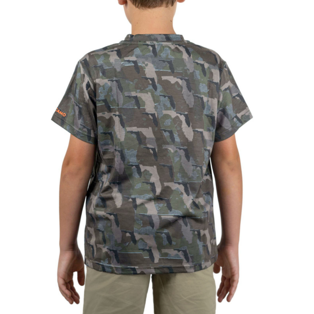 Kid’s Florida Camo short sleeve shirt featuring a unique camouflage pattern made from the outline of the state of Florida. Lightweight, breathable, and perfect for hunting, hiking, or everyday wear.