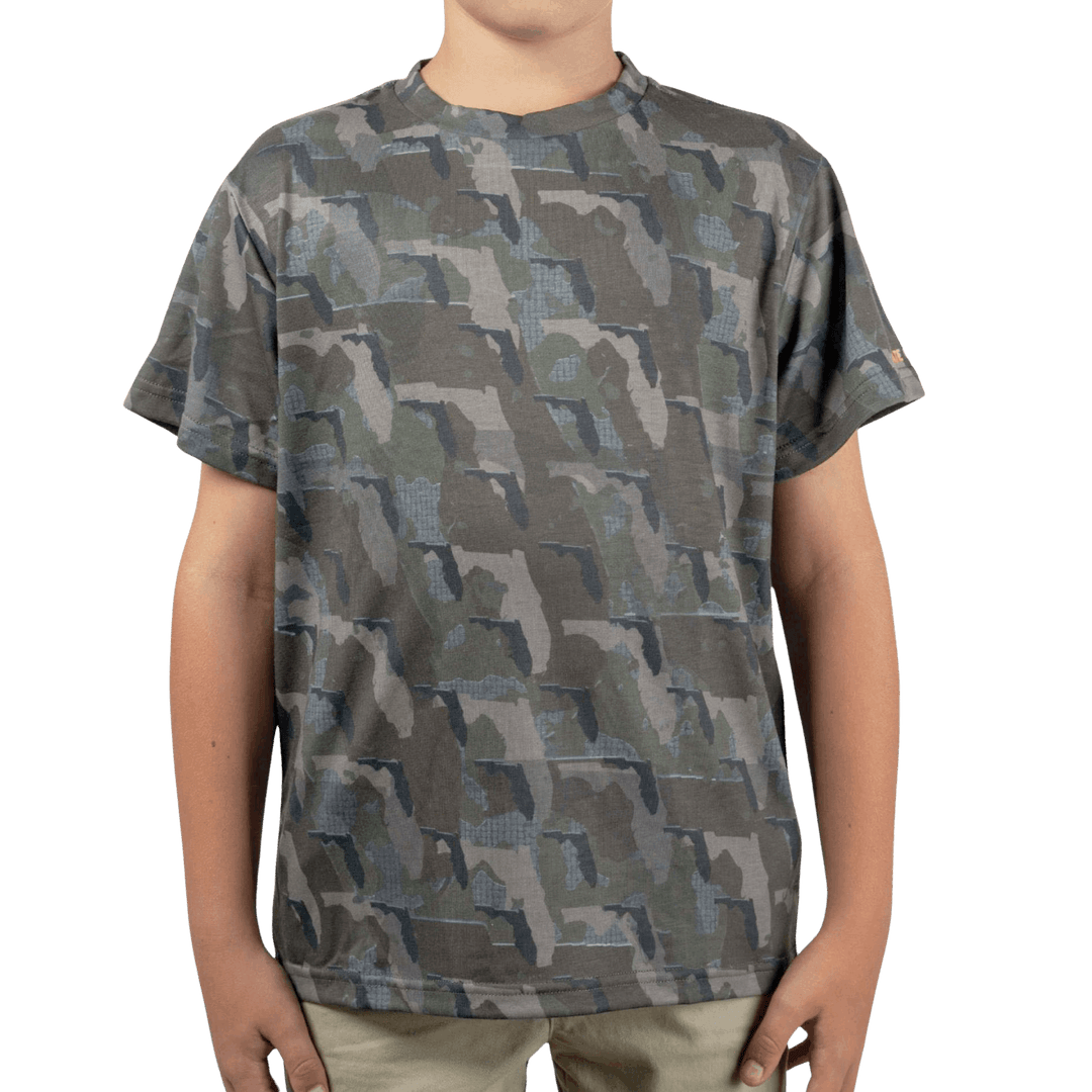 Kid’s Florida Camo short sleeve shirt featuring a unique camouflage pattern made from the outline of the state of Florida. Lightweight, breathable, and perfect for hunting, hiking, or everyday wear.