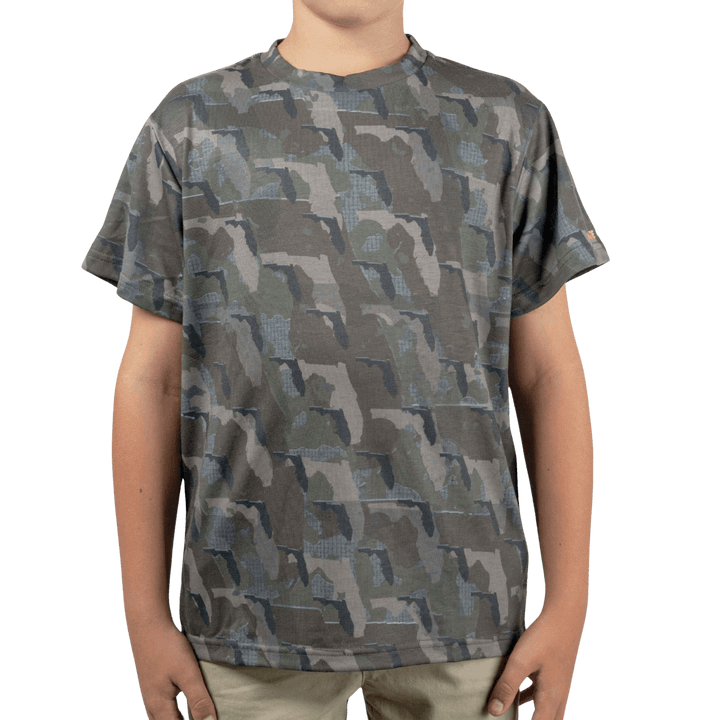 Kid’s Florida Camo short sleeve shirt featuring a unique camouflage pattern made from the outline of the state of Florida. Lightweight, breathable, and perfect for hunting, hiking, or everyday wear.