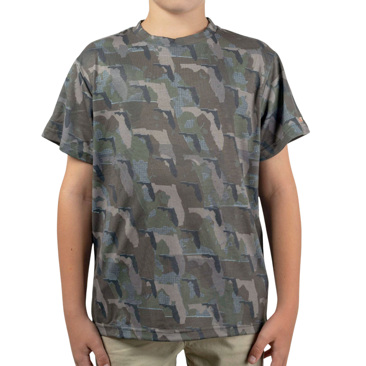 Kid’s Florida Camo short sleeve shirt featuring a unique camouflage pattern made from the outline of the state of Florida. Lightweight, breathable, and perfect for hunting, hiking, or everyday wear.