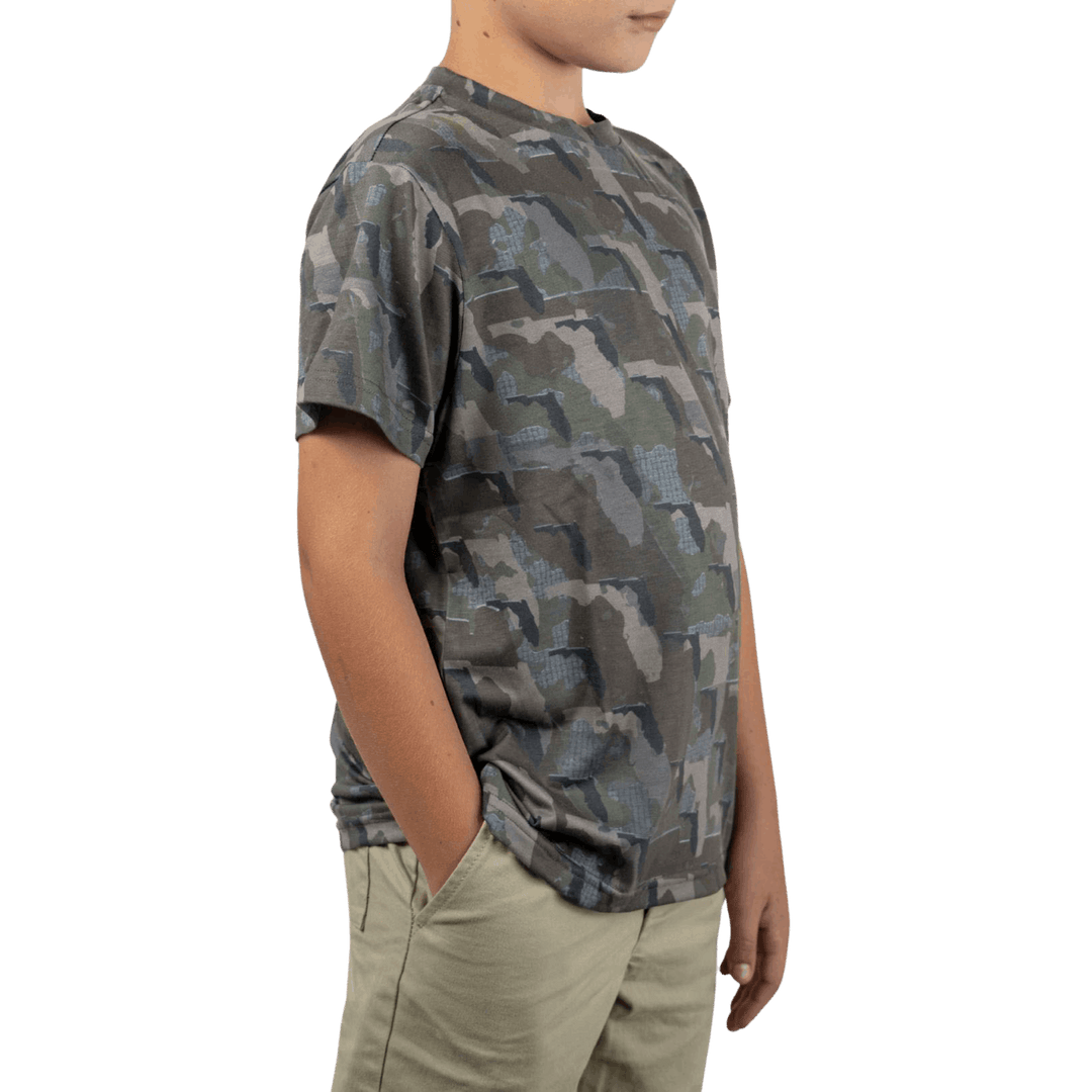 Kid’s Florida Camo short sleeve shirt featuring a unique camouflage pattern made from the outline of the state of Florida. Lightweight, breathable, and perfect for hunting, hiking, or everyday wear.