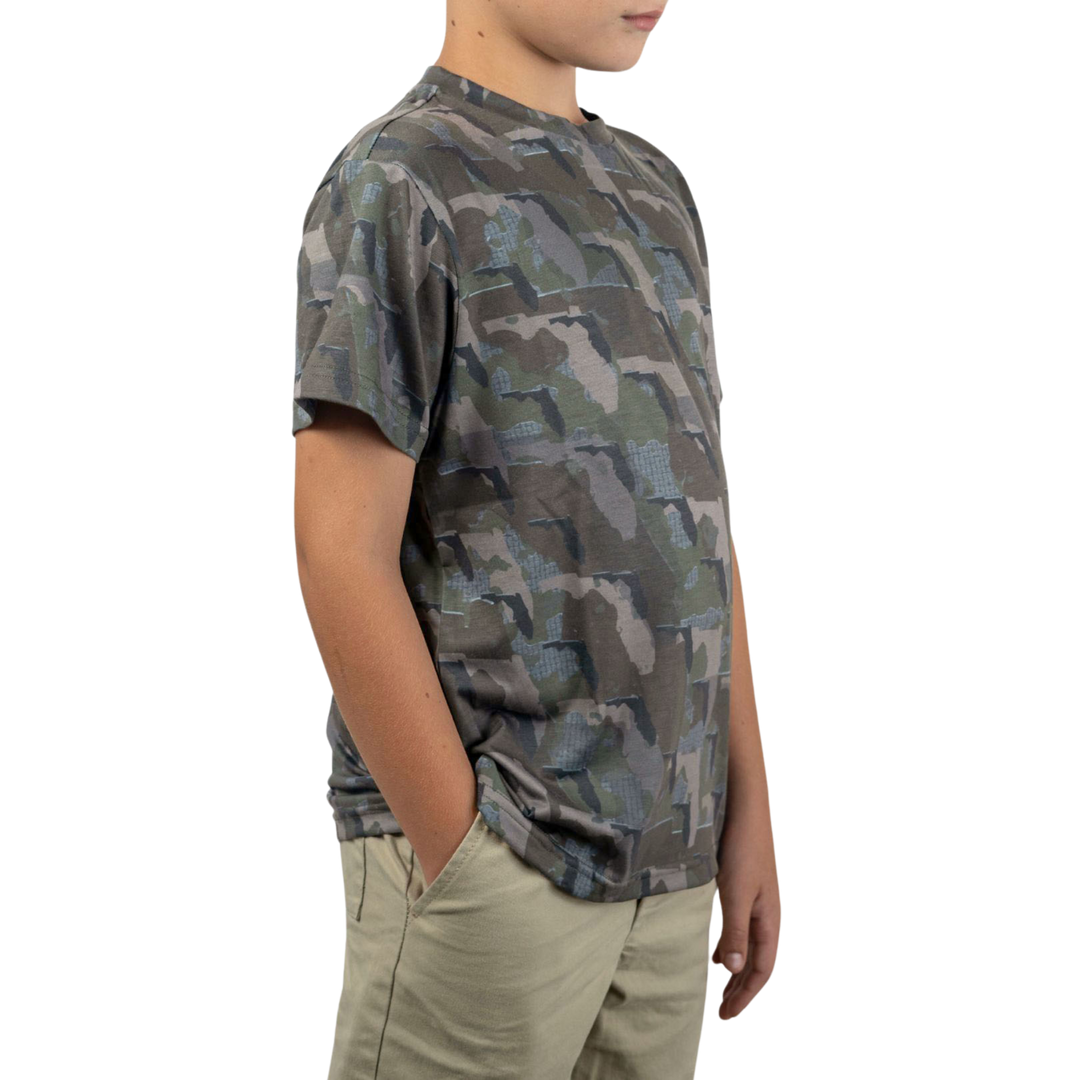 Kid’s Florida Camo short sleeve shirt featuring a unique camouflage pattern made from the outline of the state of Florida. Lightweight, breathable, and perfect for hunting, hiking, or everyday wear.