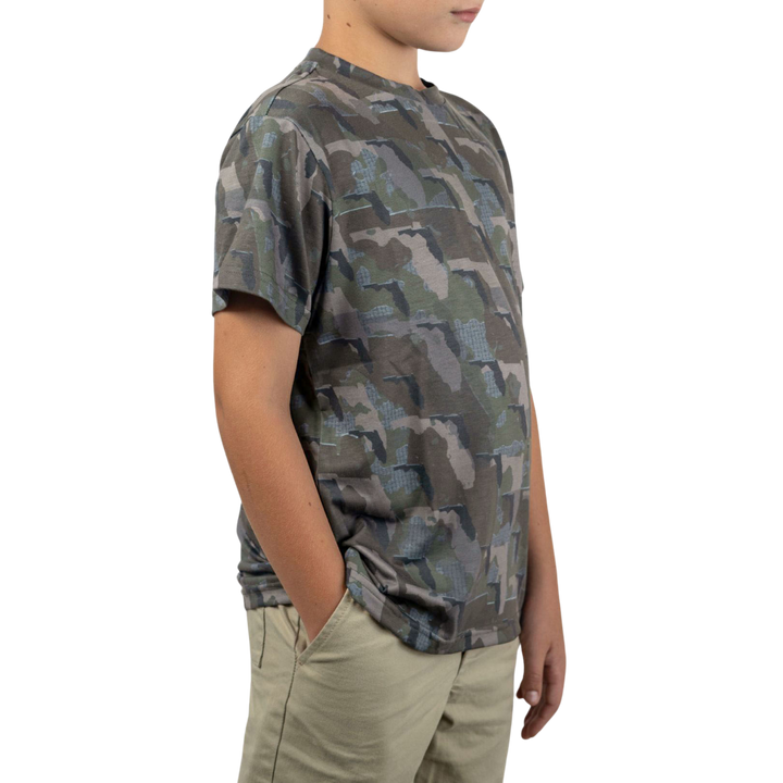 Kid’s Florida Camo short sleeve shirt featuring a unique camouflage pattern made from the outline of the state of Florida. Lightweight, breathable, and perfect for hunting, hiking, or everyday wear.