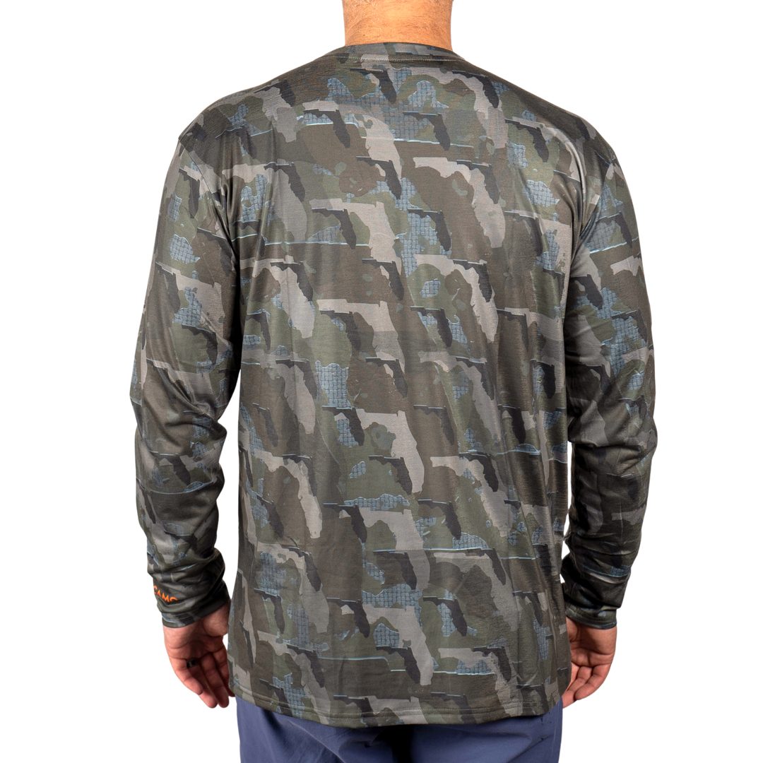 Florida State Camo long sleeve shirt featuring a unique camo pattern made for Florida, designed for hunters and outdoor enthusiasts 
