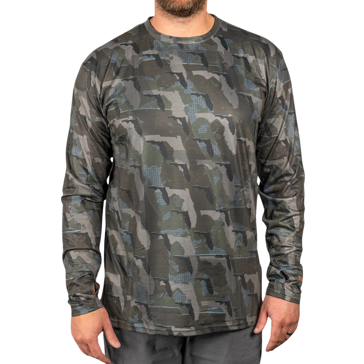 Florida State Camo long sleeve shirt featuring a unique camo pattern made for Florida, designed for hunters and outdoor enthusiasts 


