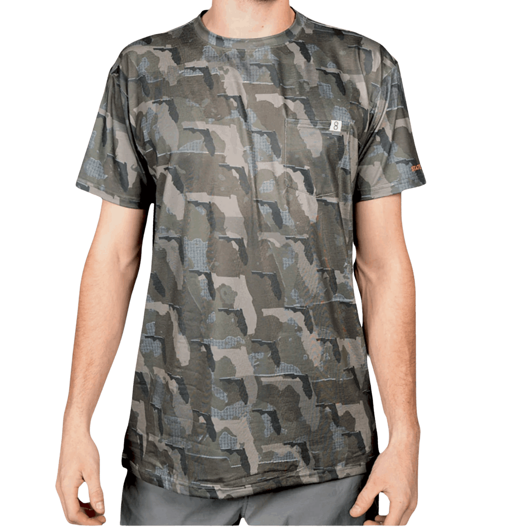 Men’s Florida Camo short sleeve shirt featuring a unique camouflage pattern made from the outline of the state of Florida Lightweight, breathable, and perfect for hunting, hiking, or everyday wear.