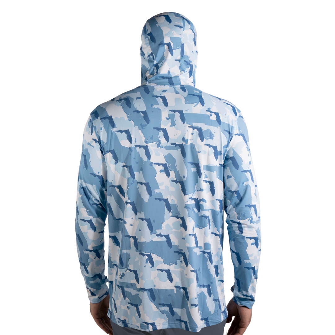 Florida Camo Fishing Long Sleeve Hoodie featuring a unique camouflage pattern made from the outline of the state of Florida . Designed for anglers, hunters, and proud Floridians this lightweight, breathable hoodie offers UV protection and moisture-wicking fabric—perfect for fishing trips, outdoor adventures, and everyday wear.
