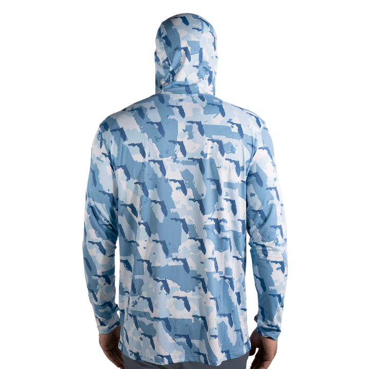 Florida Camo Fishing Long Sleeve Hoodie featuring a unique camouflage pattern made from the outline of the state of Florida . Designed for anglers, hunters, and proud Floridians this lightweight, breathable hoodie offers UV protection and moisture-wicking fabric—perfect for fishing trips, outdoor adventures, and everyday wear.
