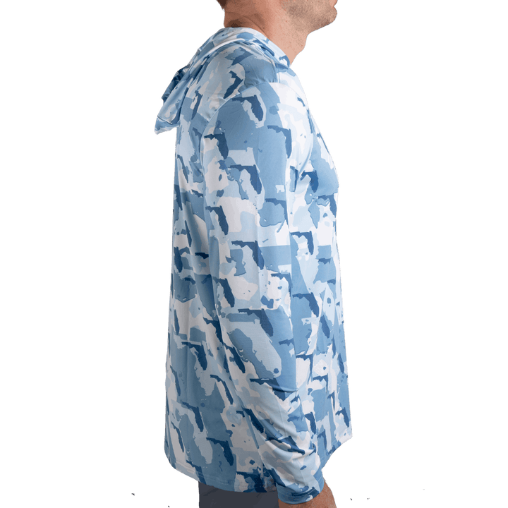 Florida Camo Fishing Long Sleeve Hoodie featuring a unique camouflage pattern made from the outline of the state of Florida . Designed for anglers, hunters, and proud Floridians this lightweight, breathable hoodie offers UV protection and moisture-wicking fabric—perfect for fishing trips, outdoor adventures, and everyday wear.
