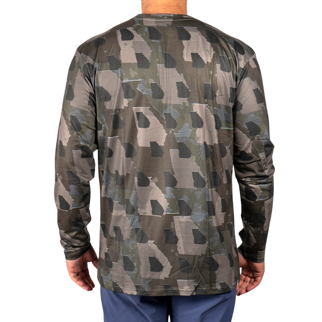 Georgia State Camo long sleeve shirt featuring a unique camo pattern made for Georgia,  designed for hunters and outdoor enthusiasts 
