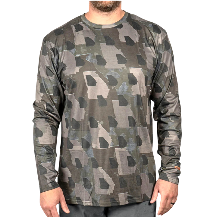 Georgia State Camo long sleeve shirt featuring a unique camo pattern made for Georgia,  designed for hunters and outdoor enthusiasts 
