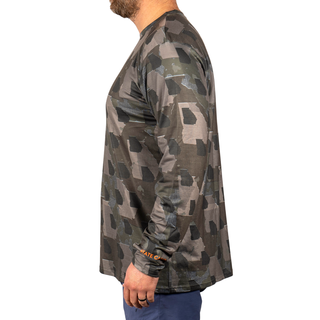 Georgia State Camo long sleeve shirt featuring a unique camo pattern made for Georgia,  designed for hunters and outdoor enthusiasts 
