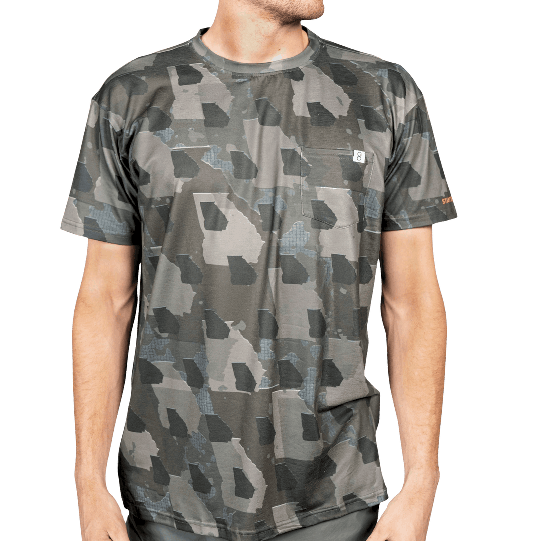 Men’s Georgia  Camo short sleeve shirt featuring a unique camouflage pattern made from the outline of the state of Georgia Lightweight, breathable, and perfect for hunting, hiking, or everyday wear.