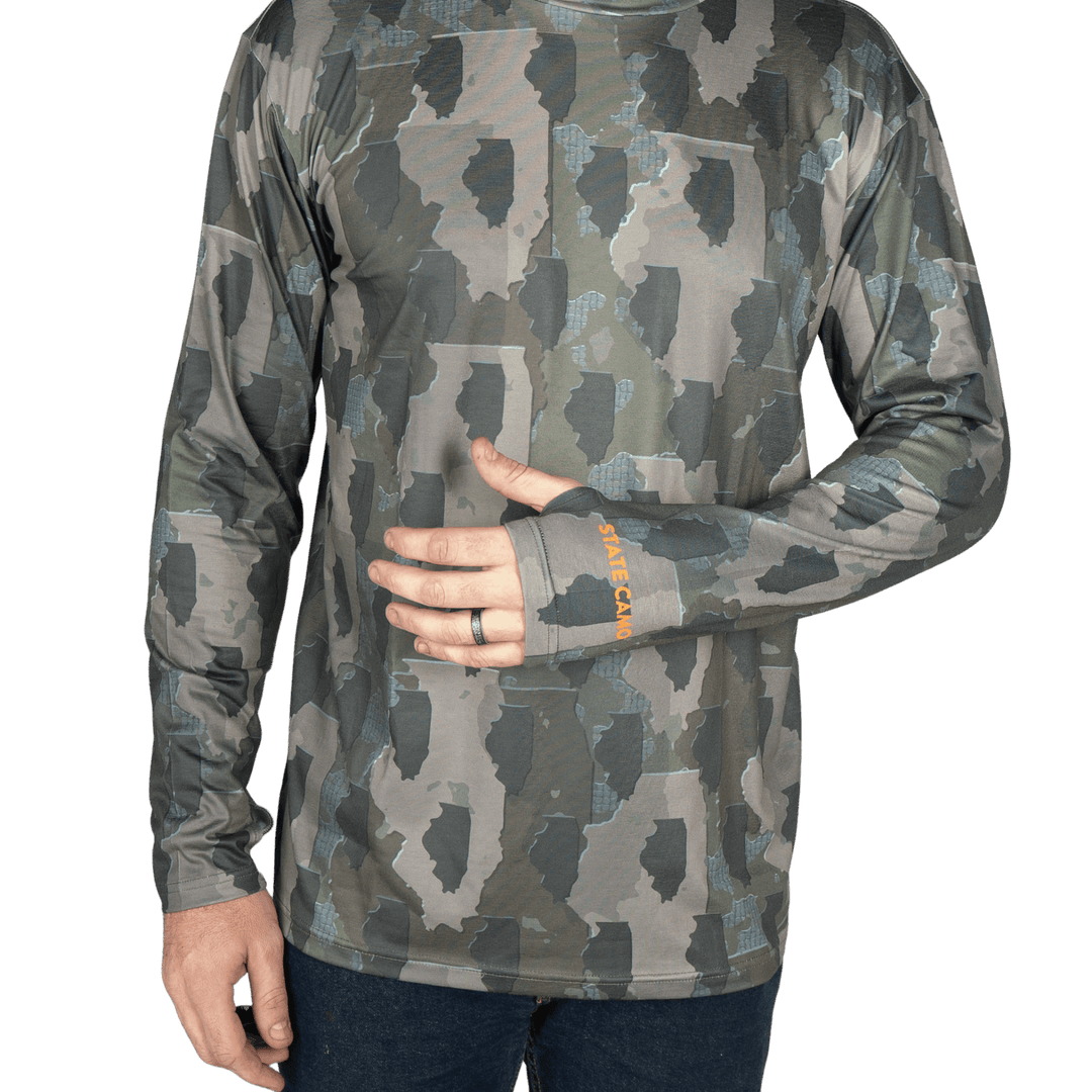 Illinois State Camo long sleeve shirt featuring a unique camo pattern made for ILLINOIS, designed for hunters and outdoor enthusiasts