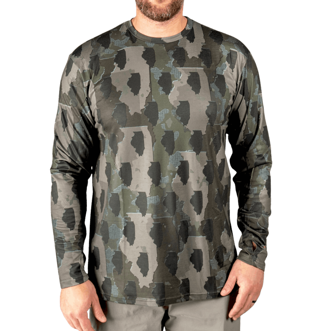 Illinois State Camo long sleeve shirt featuring a unique camo pattern made for ILLINOIS, designed for hunters and outdoor enthusiasts