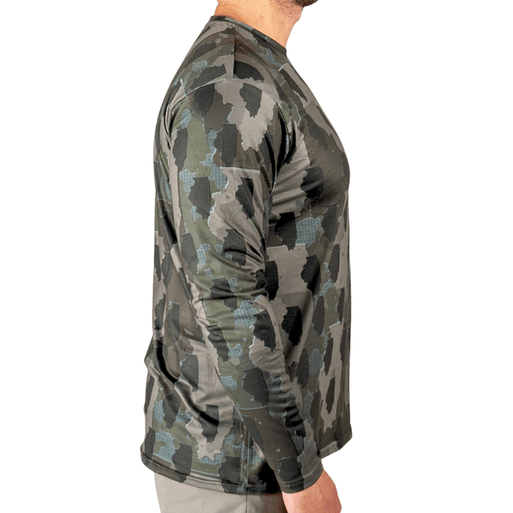 Illinois State Camo long sleeve shirt featuring a unique camo pattern made for ILLINOIS, designed for hunters and outdoor enthusiasts