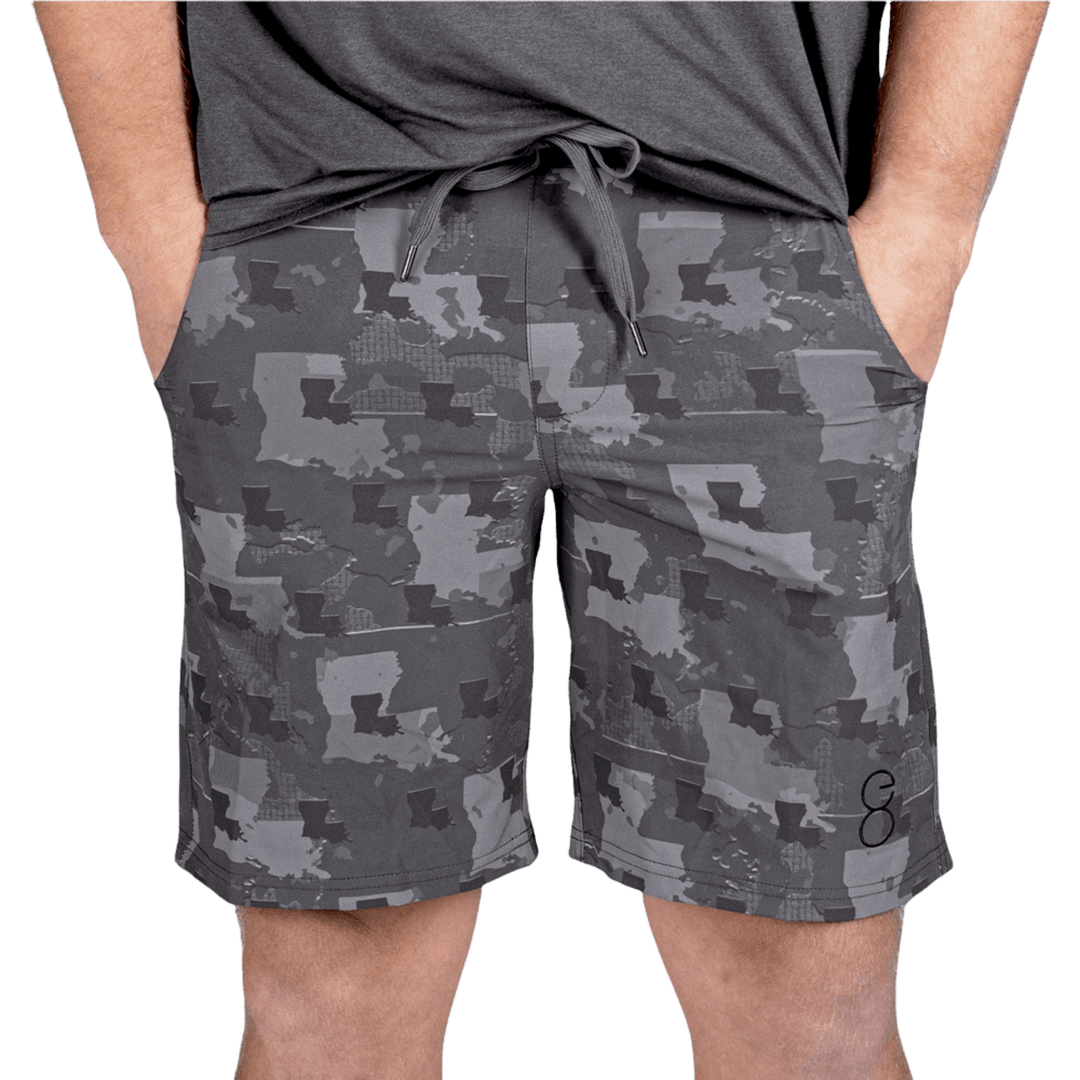Louisiana State Camo Everyday Shorts featuring a one-of-a-kind camo pattern made from the outline of Louisiana. Designed for versatility, these lightweight men's shorts are perfect for running, swimming, workouts, and everyday wear. A must-have for Louisiana hunters and outdoor enthusiasts who want to rep their state with pride.
