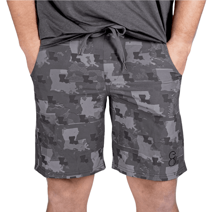 Louisiana State Camo Everyday Shorts featuring a one-of-a-kind camo pattern made from the outline of Louisiana. Designed for versatility, these lightweight men's shorts are perfect for running, swimming, workouts, and everyday wear. A must-have for Louisiana hunters and outdoor enthusiasts who want to rep their state with pride.