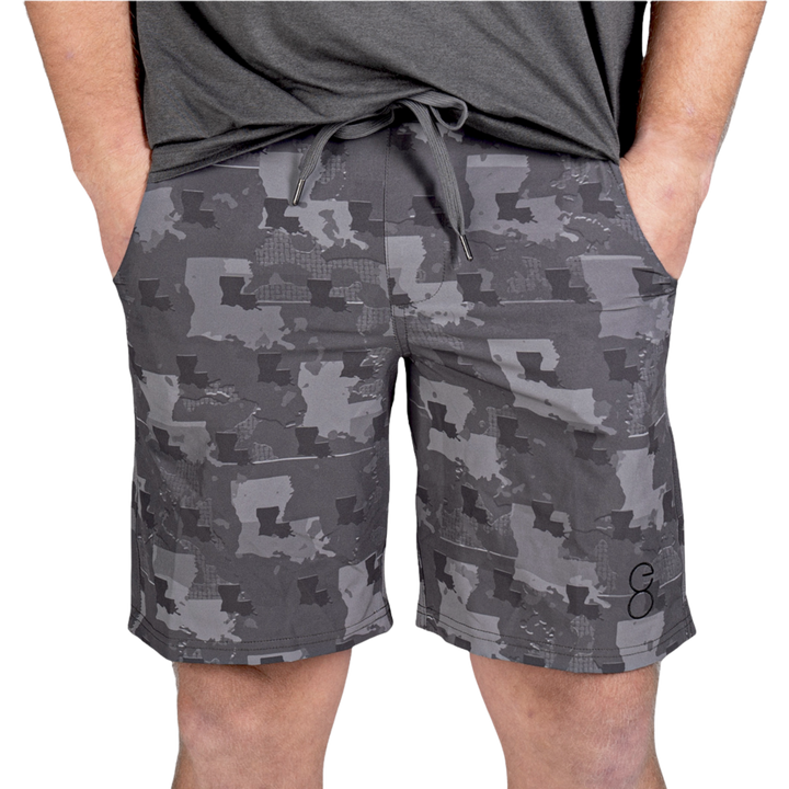 Louisiana State Camo Everyday Shorts featuring a one-of-a-kind camo pattern made from the outline of Louisiana. Designed for versatility, these lightweight men's shorts are perfect for running, swimming, workouts, and everyday wear. A must-have for Louisiana hunters and outdoor enthusiasts who want to rep their state with pride.