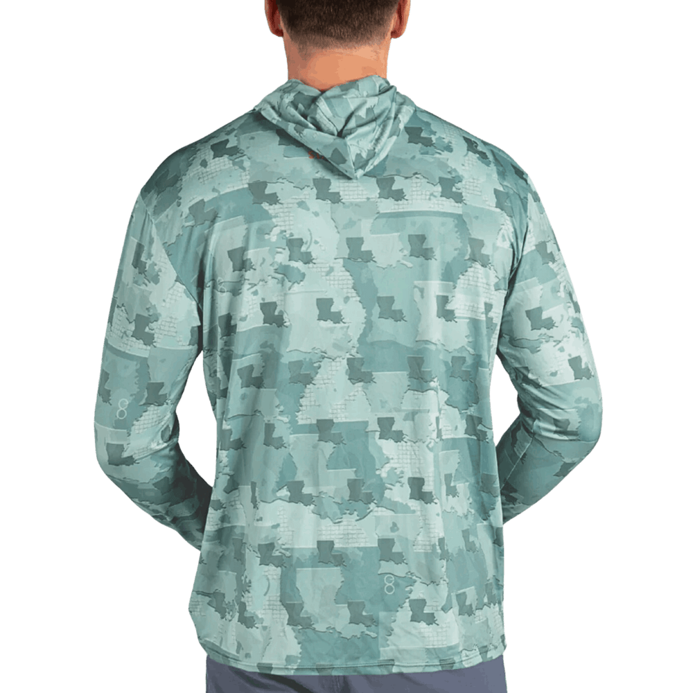 Louisiana Camo Fishing Long Sleeve Hoodie featuring a unique camouflage pattern made from the outline of the state of Louisiana  . Designed for anglers, hunters, and proud Louisianian this lightweight, breathable hoodie offers UV protection and moisture-wicking fabric—perfect for fishing trips, outdoor adventures, and everyday wear.
