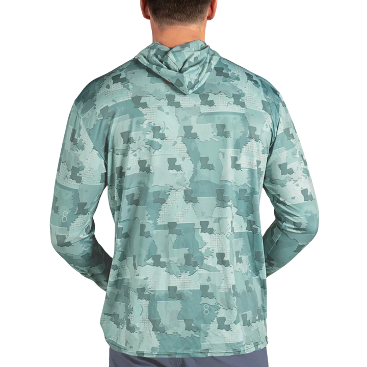 Louisiana Camo Fishing Long Sleeve Hoodie featuring a unique camouflage pattern made from the outline of the state of Louisiana  . Designed for anglers, hunters, and proud Louisianian this lightweight, breathable hoodie offers UV protection and moisture-wicking fabric—perfect for fishing trips, outdoor adventures, and everyday wear.
