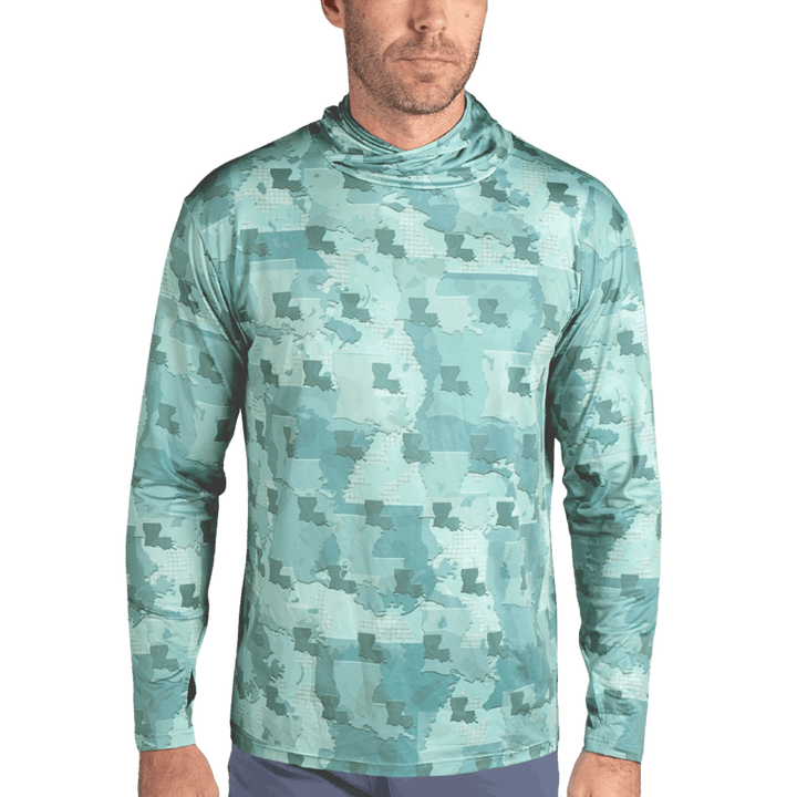 Louisiana Camo Fishing Long Sleeve Hoodie featuring a unique camouflage pattern made from the outline of the state of Louisiana  . Designed for anglers, hunters, and proud Louisianian this lightweight, breathable hoodie offers UV protection and moisture-wicking fabric—perfect for fishing trips, outdoor adventures, and everyday wear.

