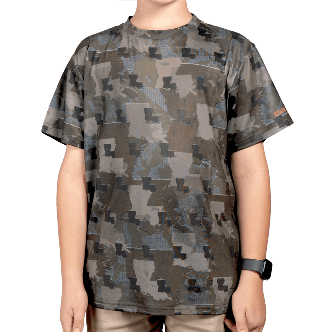 Kid’s Louisiana Camo short sleeve shirt featuring a unique camouflage pattern made from the outline of the state of Louisiana. Lightweight, breathable, and perfect for hunting, hiking, or everyday wear.