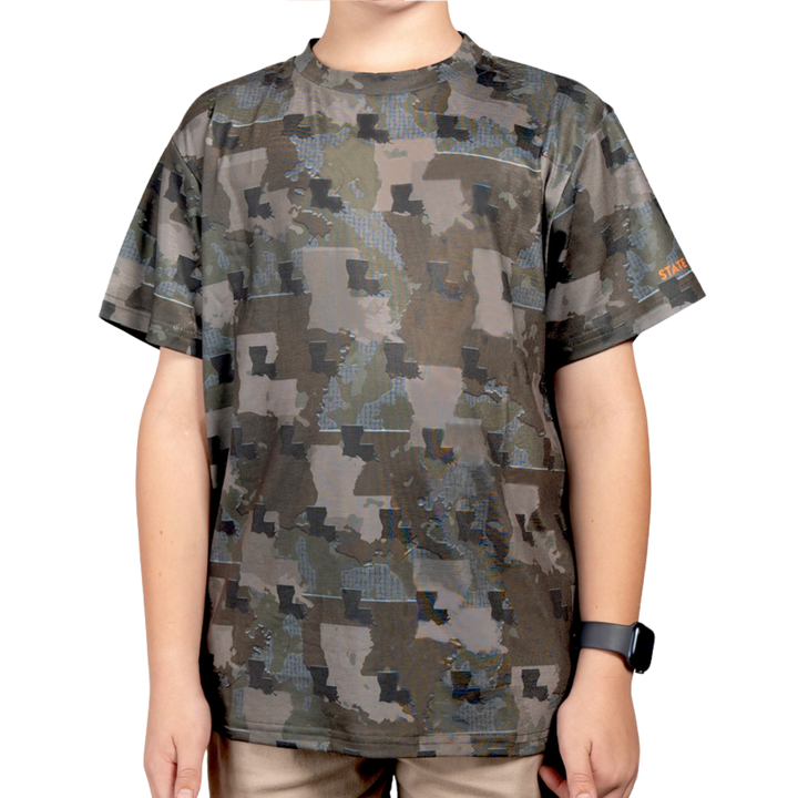 Kid’s Louisiana Camo short sleeve shirt featuring a unique camouflage pattern made from the outline of the state of Louisiana. Lightweight, breathable, and perfect for hunting, hiking, or everyday wear.