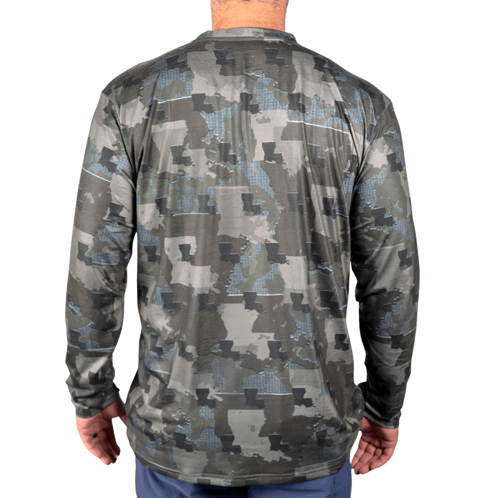 Louisiana State Camo long sleeve shirt featuring a unique camo pattern made for Louisiana, designed for hunters and outdoor enthusiasts 
