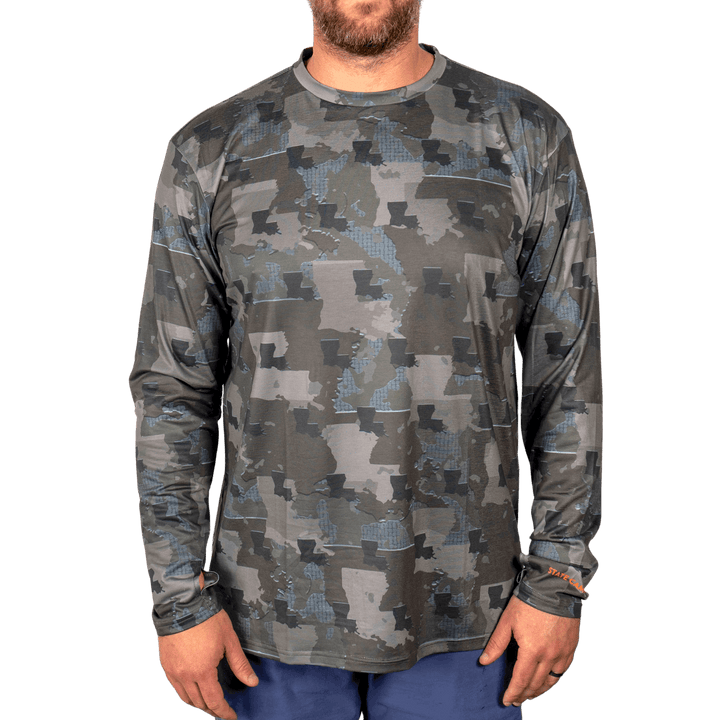 Louisiana State Camo long sleeve shirt featuring a unique camo pattern made for Louisiana, designed for hunters and outdoor enthusiasts 
