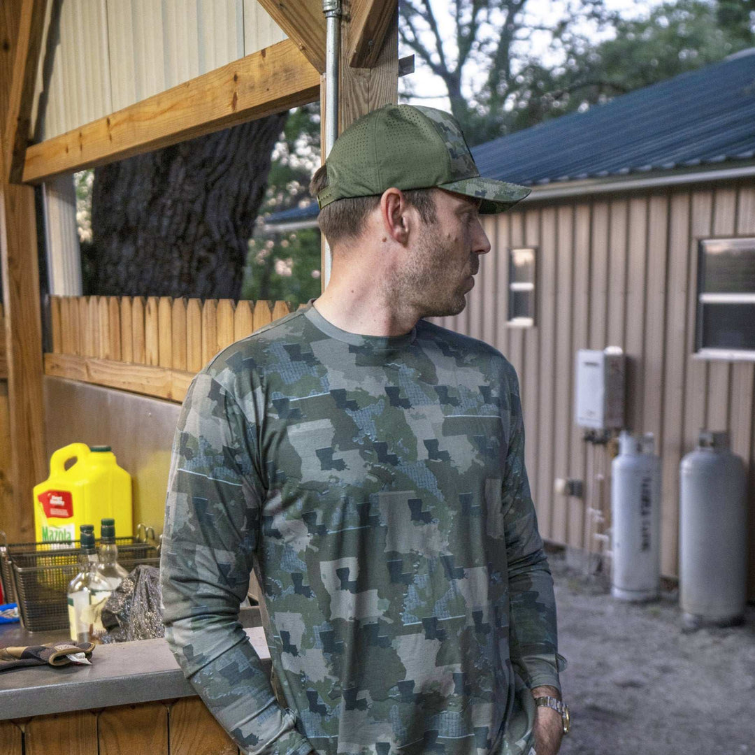 Louisiana State Camo long sleeve shirt featuring a unique camo pattern made for Louisiana, designed for hunters and outdoor enthusiasts 
