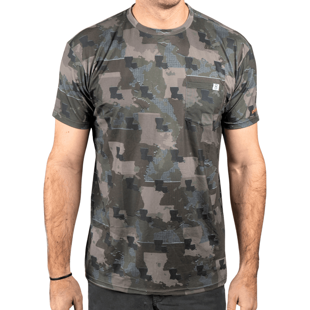Men’s Louisiana Camo short sleeve shirt featuring a unique camouflage pattern made from the outline of the state of Louisiana Lightweight, breathable, and perfect for hunting, hiking, or everyday wear.