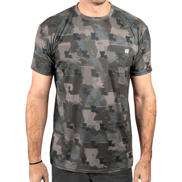Men’s Louisiana Camo short sleeve shirt featuring a unique camouflage pattern made from the outline of the state of Louisiana Lightweight, breathable, and perfect for hunting, hiking, or everyday wear.