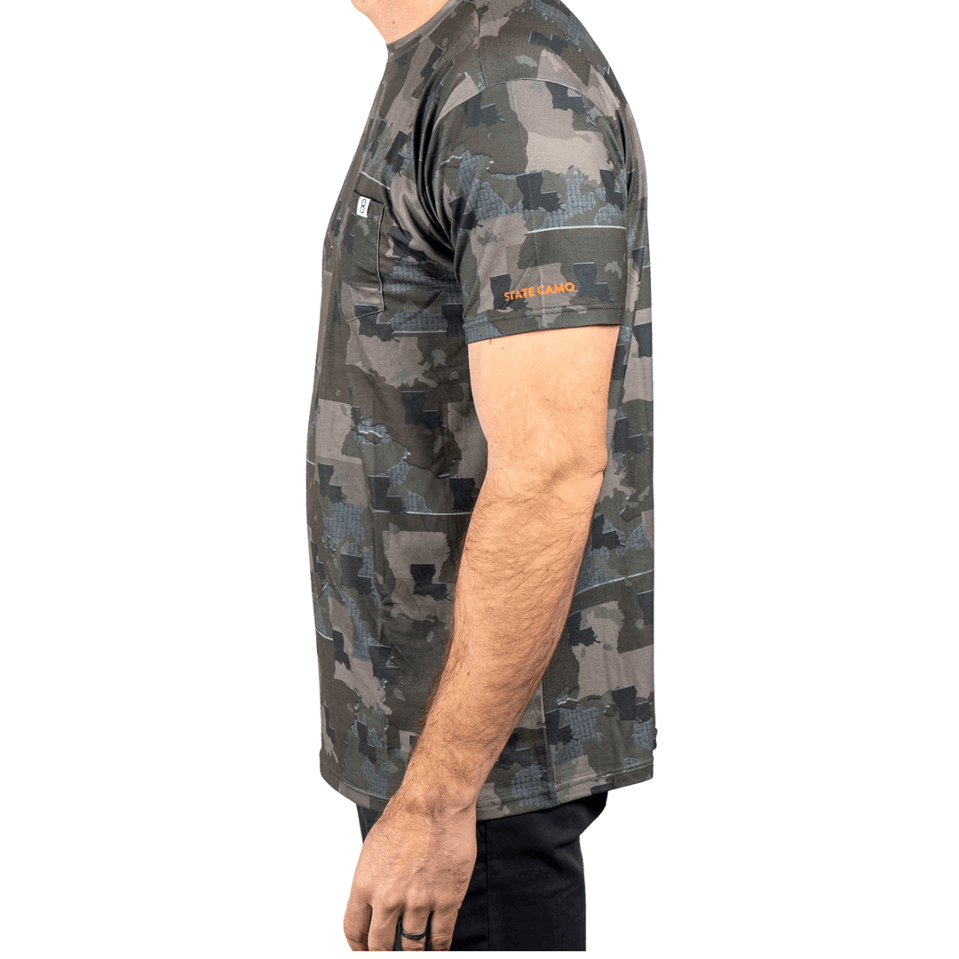 Men’s Louisiana Camo short sleeve shirt featuring a unique camouflage pattern made from the outline of the state of Louisiana Lightweight, breathable, and perfect for hunting, hiking, or everyday wear.