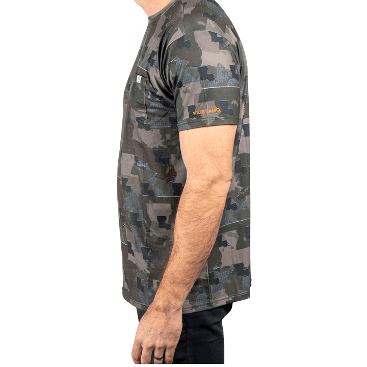 Men’s Louisiana Camo short sleeve shirt featuring a unique camouflage pattern made from the outline of the state of Louisiana Lightweight, breathable, and perfect for hunting, hiking, or everyday wear.