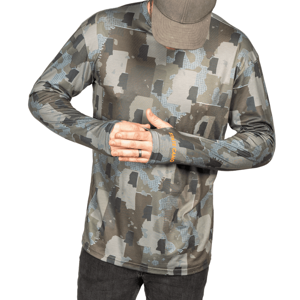 Mississippi State Camo long sleeve shirt featuring a unique camo pattern made for Mississippi, designed for hunters and outdoor enthusiasts
