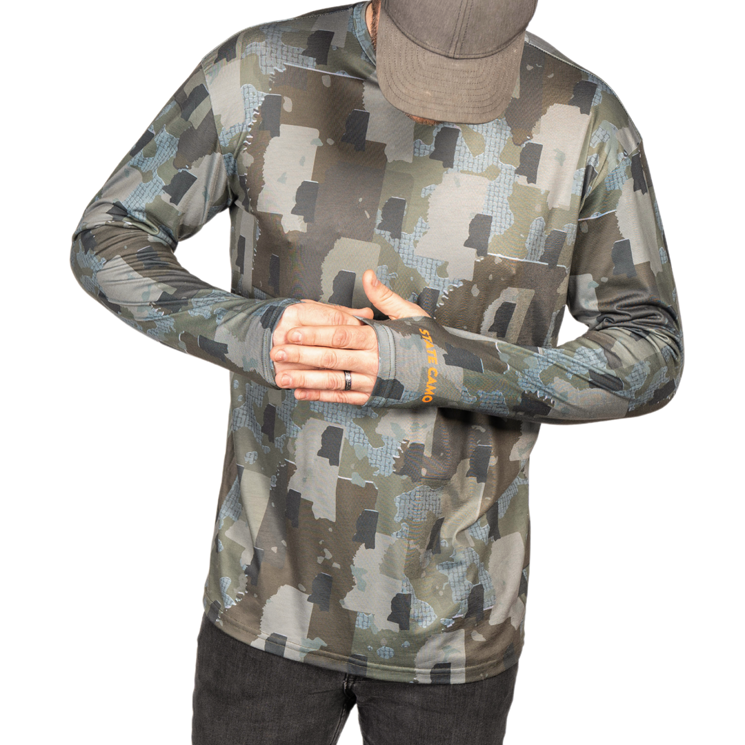 Mississippi State Camo long sleeve shirt featuring a unique camo pattern made for Mississippi, designed for hunters and outdoor enthusiasts
