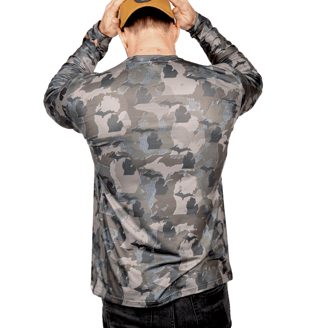 Michigan State Camo long sleeve shirt featuring a unique camo pattern made for Michigan, designed for hunters and outdoor enthusiasts
