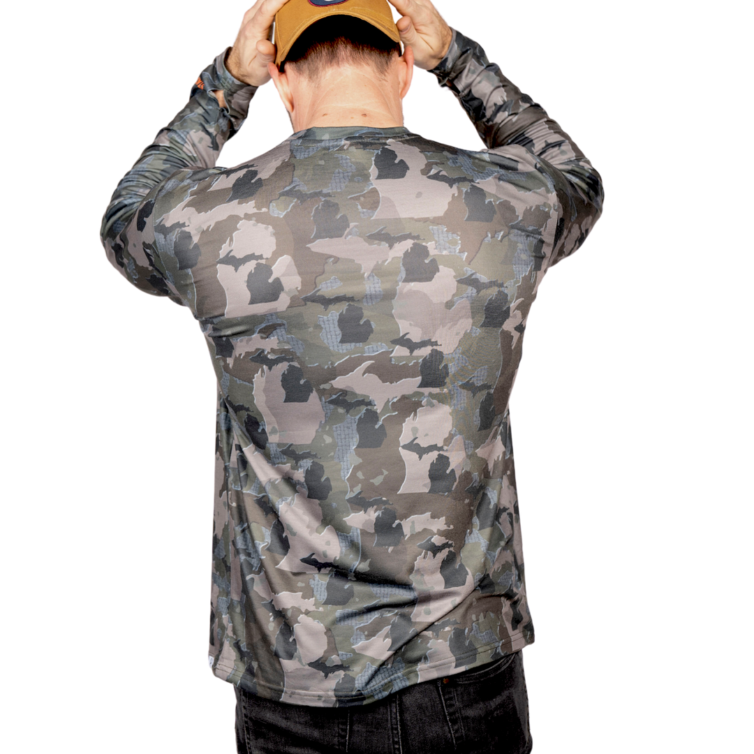 Michigan State Camo long sleeve shirt featuring a unique camo pattern made for Michigan, designed for hunters and outdoor enthusiasts
