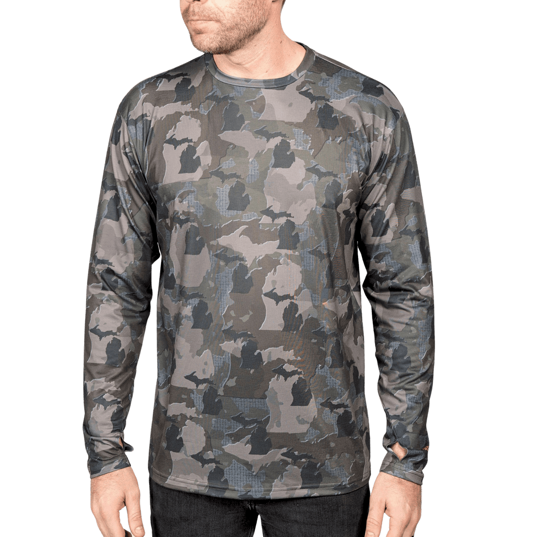Michigan State Camo long sleeve shirt featuring a unique camo pattern made for Michigan, designed for hunters and outdoor enthusiasts
