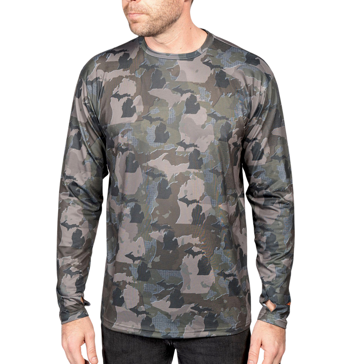 Michigan State Camo long sleeve shirt featuring a unique camo pattern made for Michigan, designed for hunters and outdoor enthusiasts
