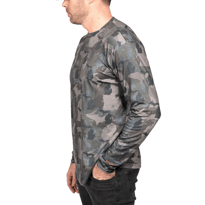 Michigan State Camo long sleeve shirt featuring a unique camo pattern made for Michigan, designed for hunters and outdoor enthusiasts

