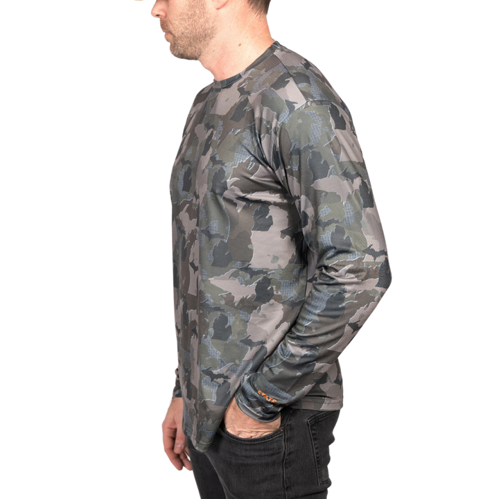 Michigan State Camo long sleeve shirt featuring a unique camo pattern made for Michigan, designed for hunters and outdoor enthusiasts
