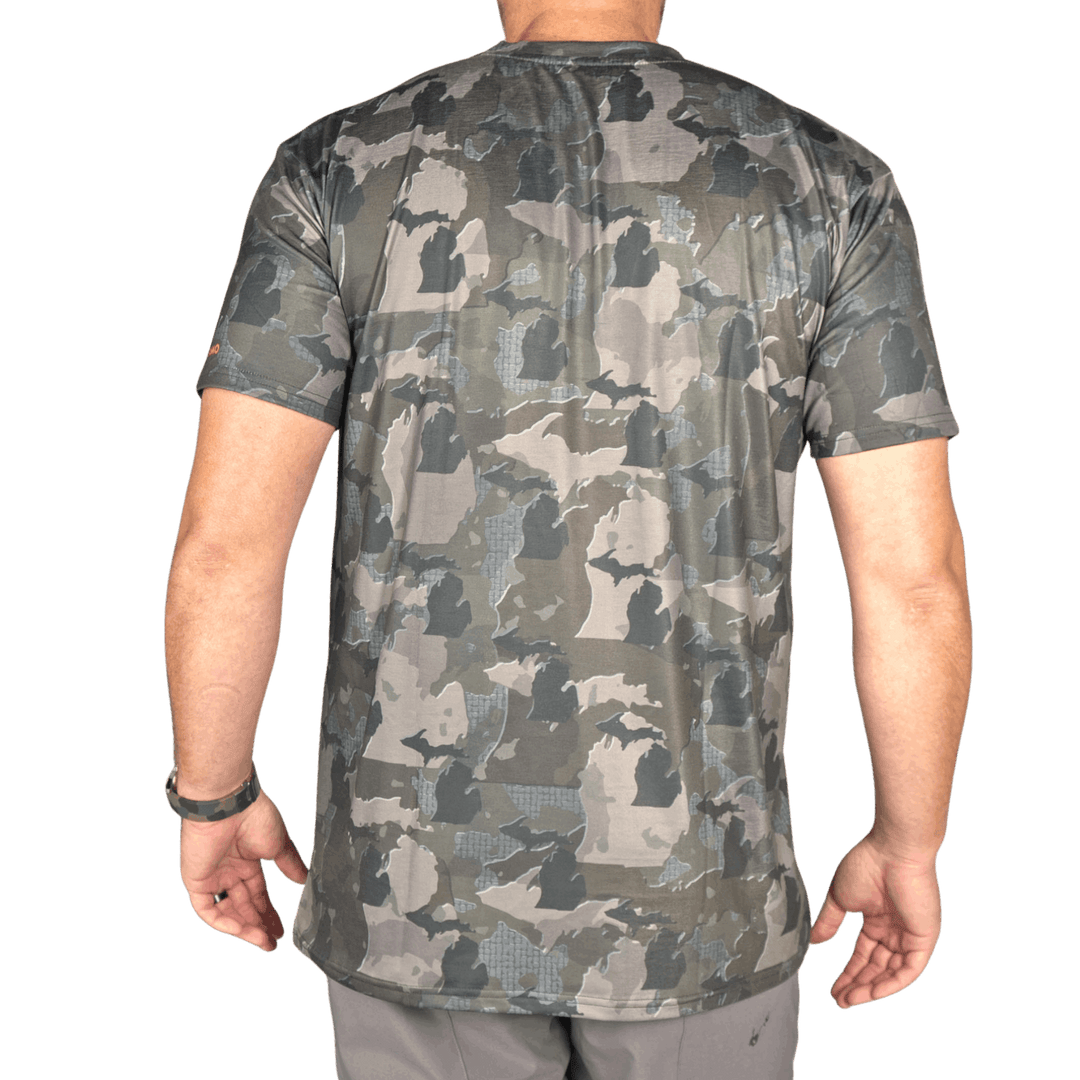 Men’s Michigan Camo short sleeve shirt featuring a unique camouflage pattern made from the outline of the state of Michigan Lightweight, breathable, and perfect for hunting, hiking, or everyday wear.