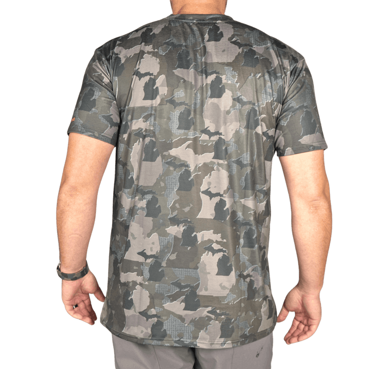 Men’s Michigan Camo short sleeve shirt featuring a unique camouflage pattern made from the outline of the state of Michigan Lightweight, breathable, and perfect for hunting, hiking, or everyday wear.