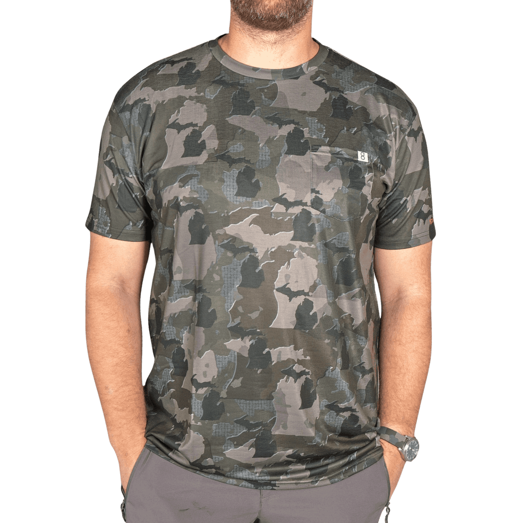 Men’s Michigan Camo short sleeve shirt featuring a unique camouflage pattern made from the outline of the state of Michigan Lightweight, breathable, and perfect for hunting, hiking, or everyday wear.