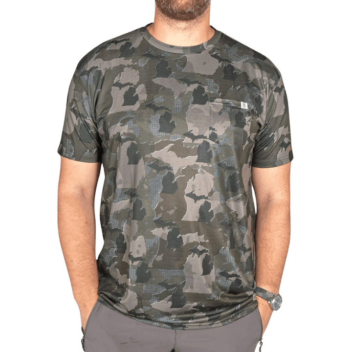 Men’s Michigan Camo short sleeve shirt featuring a unique camouflage pattern made from the outline of the state of Michigan Lightweight, breathable, and perfect for hunting, hiking, or everyday wear.