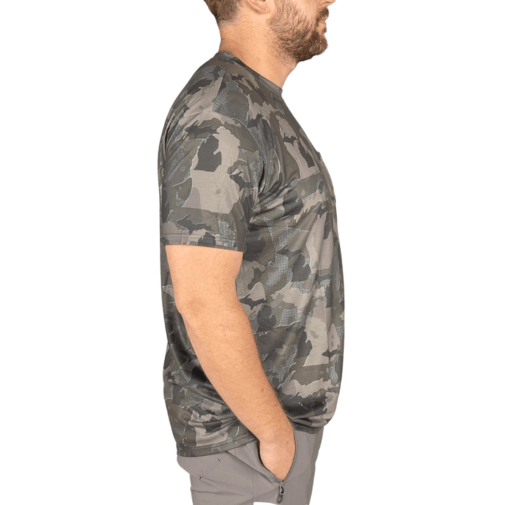 Men’s Michigan Camo short sleeve shirt featuring a unique camouflage pattern made from the outline of the state of Michigan Lightweight, breathable, and perfect for hunting, hiking, or everyday wear.